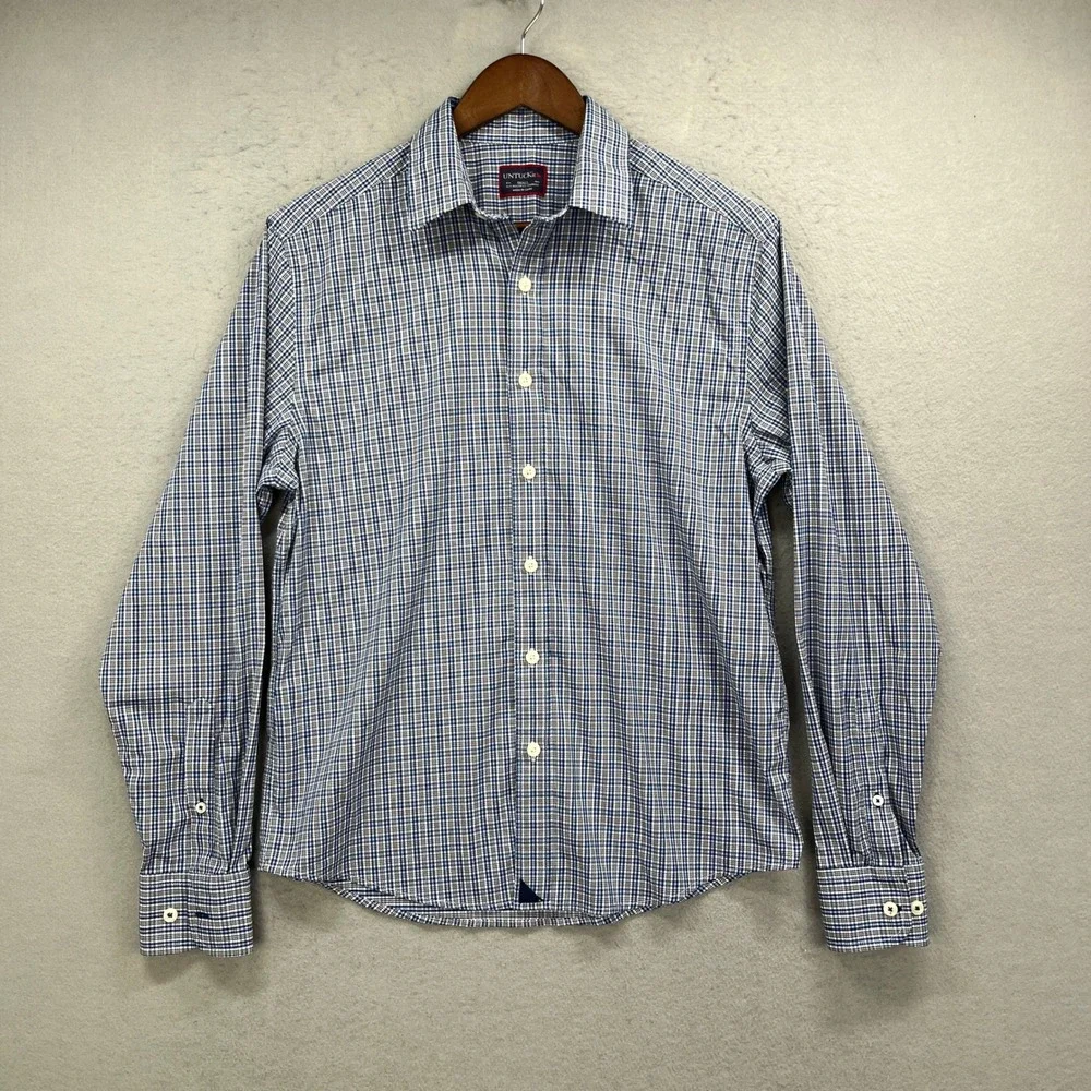 UNTUCKit Button Up Shirt Men Small Blue Varick Check Performance Casual Preppy